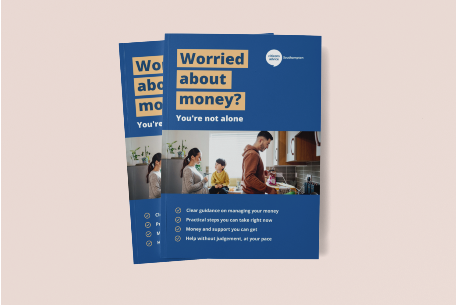 Front cover of the Citizens Advice Southampton debt advice booklet titled "Worried about money? You're not alone", showing the Citizens Advice logo and a photograph of two families in everyday home settings.